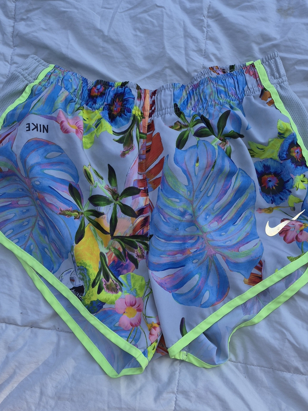 Nike Tiempo Tropical Floral Blue Athletic Shorts with Neon Trim